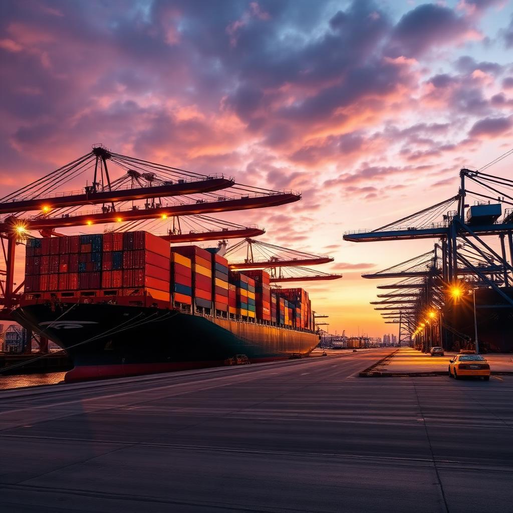 Porto de contêineres ao entardecer com navios e guindastes
